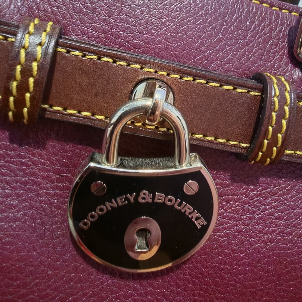 Dooney & Bourke Merlot Leather Satchel with Brown Trim and Yellow Stitching